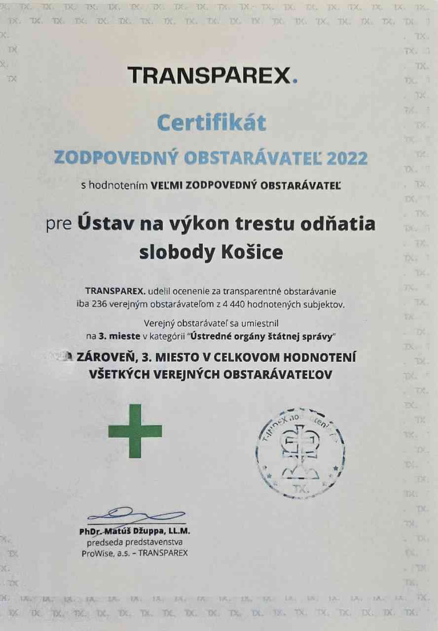 Fotografia článku Ocenenie pre ÚVTOS Košice-Šaca za transparentné verejné obstarávanie